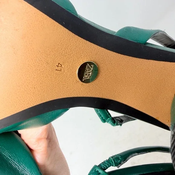 Zara Emerald Green Leather Slingback Block Heel Gold Shell Square Toe Pumps 41 - Picture 8 of 10